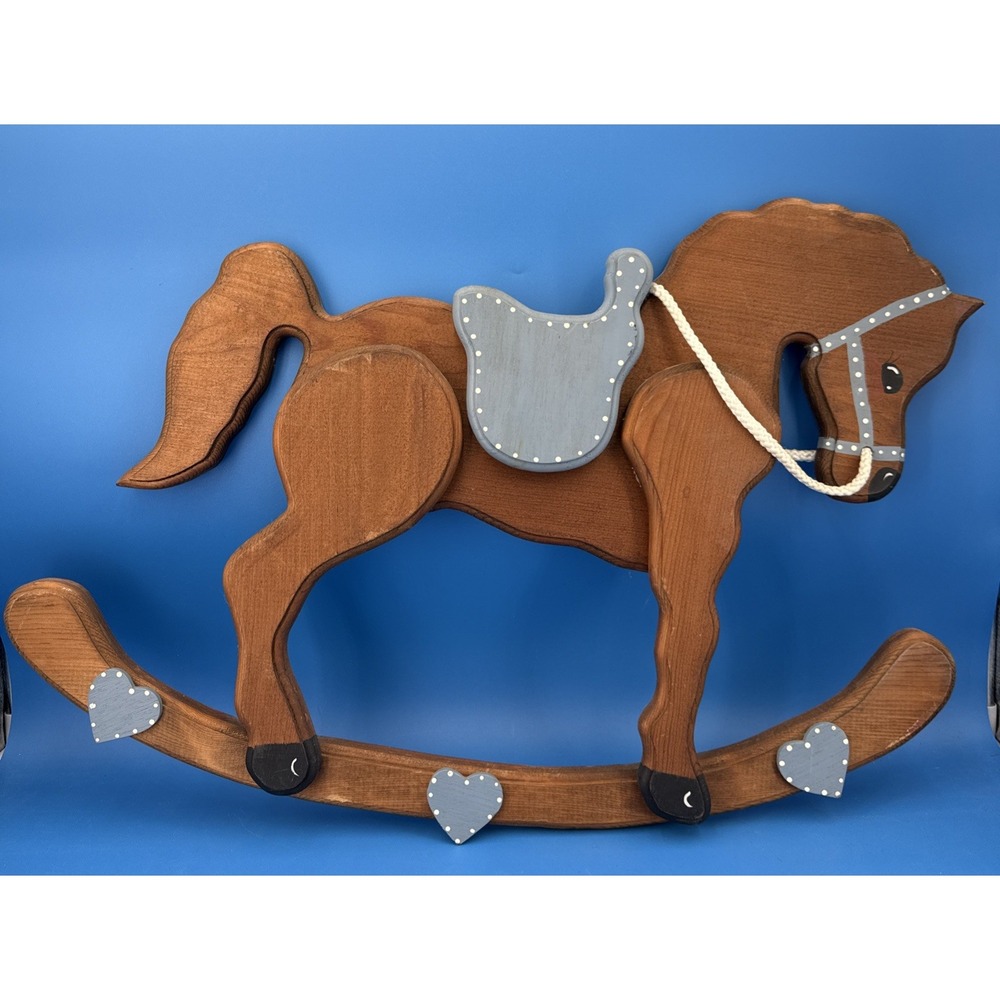 Folk Art Blue & Brown Wooden Rocking Horse‎ Wall Decor Hanging 26x17" Nursery